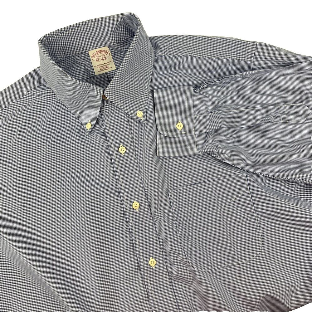 Mens Brooks Brothers Non Iron Long Sleeve Dress Shirt 16.5-35 Houndstooth Blueโ